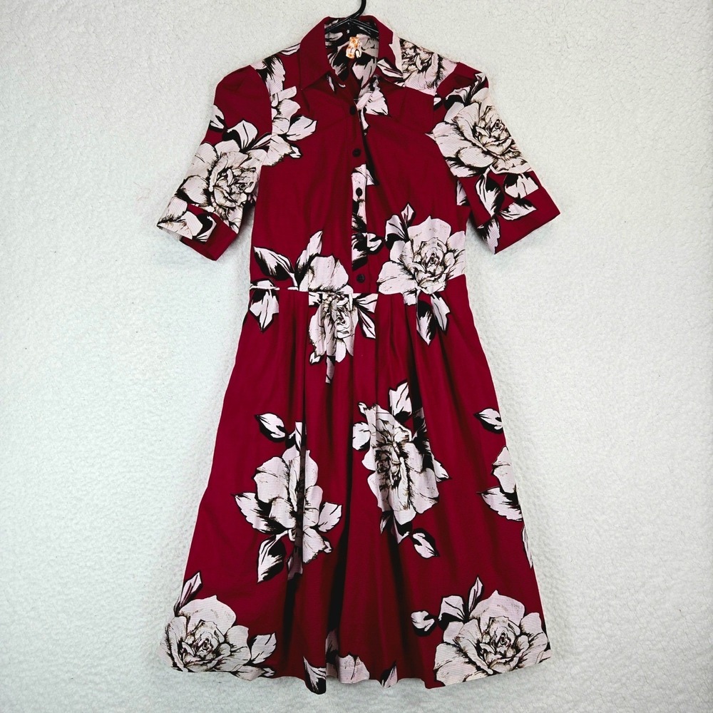 Maeve Anthropologie Floral Shirt Dress 4 Burgundy Cotton Fit Flare Midi Pockets